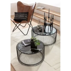 KARE Design Table Basse Wire Noir/Verre Décor Marbre (2/Set)